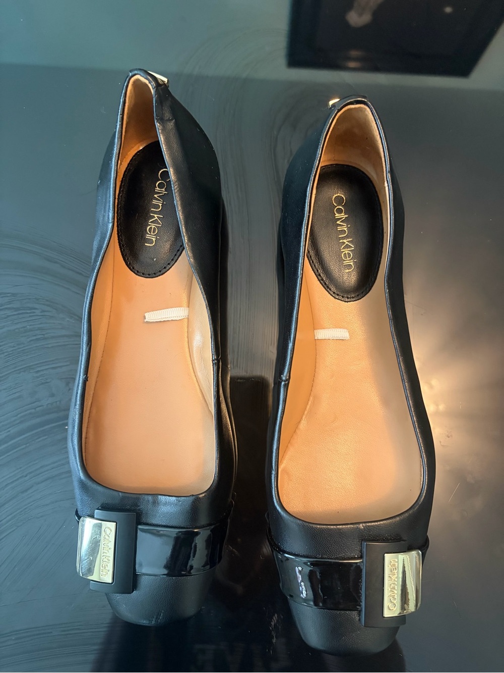 Calvin Klein Black Leather Ballet Flats with Gold Logo Buckle